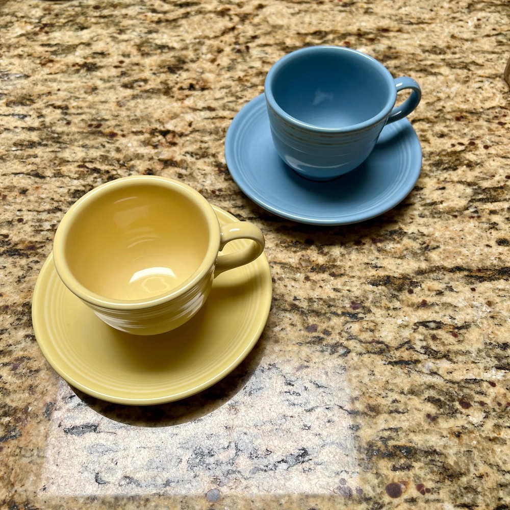 Homer Laughlin Fiestaware Teacup Saucer Sets Periwinkle Blue Sunflower Yellow